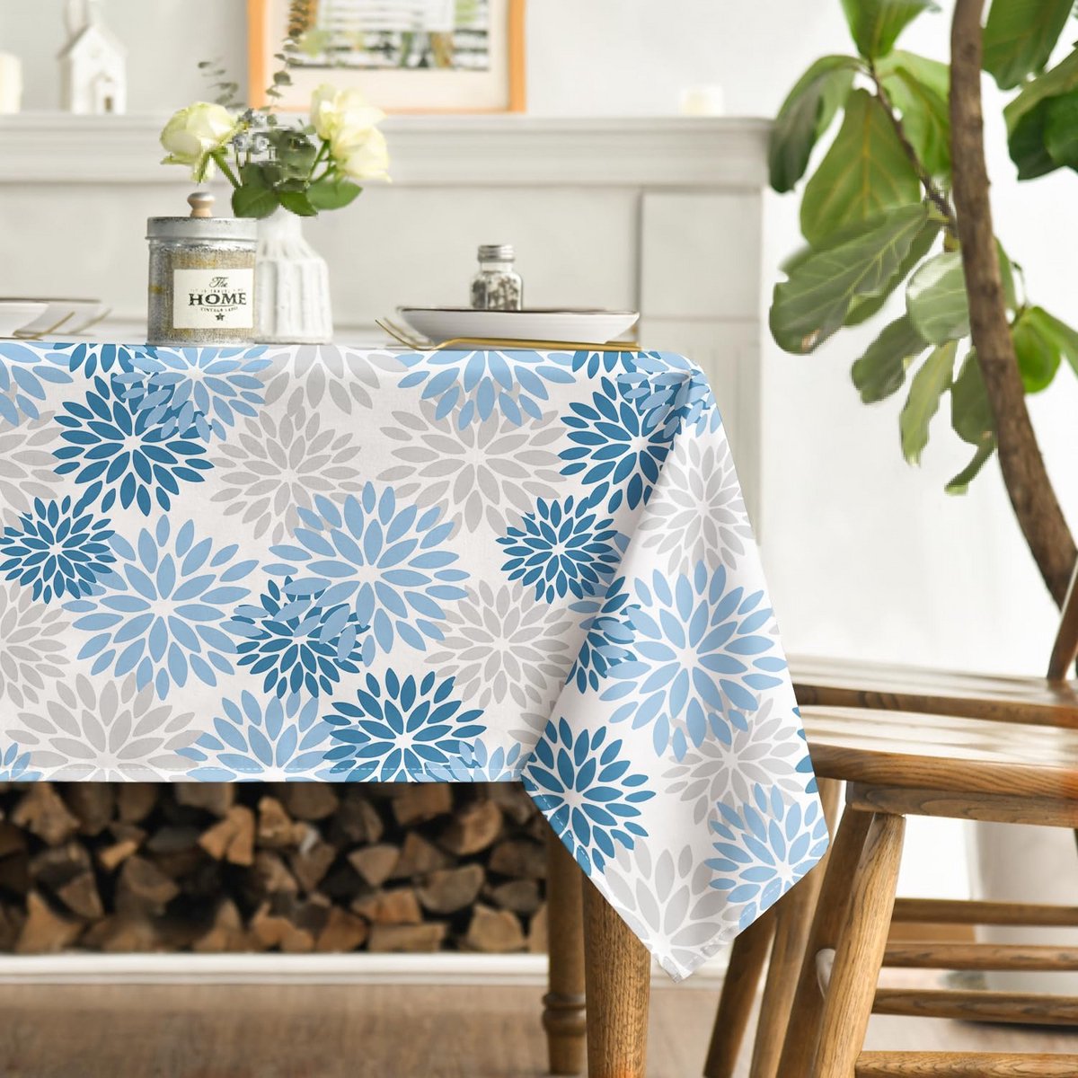 Bloemen Kerst Tafelkleed Blauwe Dahlia's Winter Tafelrok 140x180cm