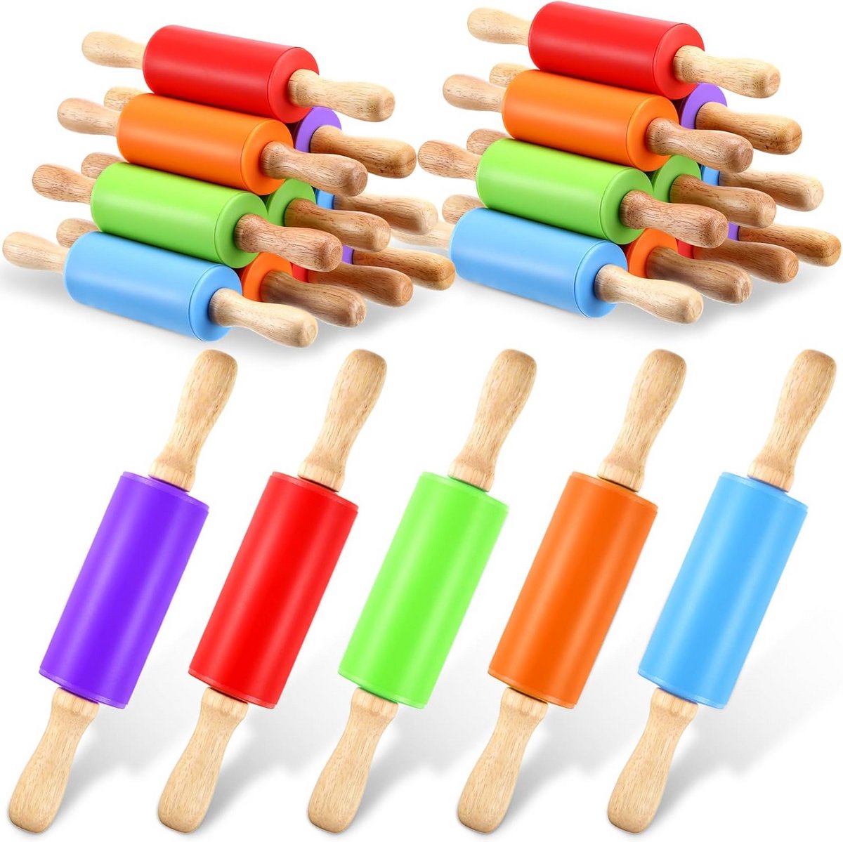 10 Stuks Mini Deegrollers voor Kinderen - 23 cm - Siliconen & Houten Bakkersgereedschap