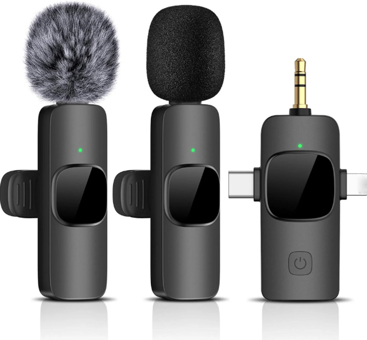 Draadloze 3-in-1 dasspeldmicrofoon, geschikt voor mobiele telefoons, camera's en USB-C-microfoons.