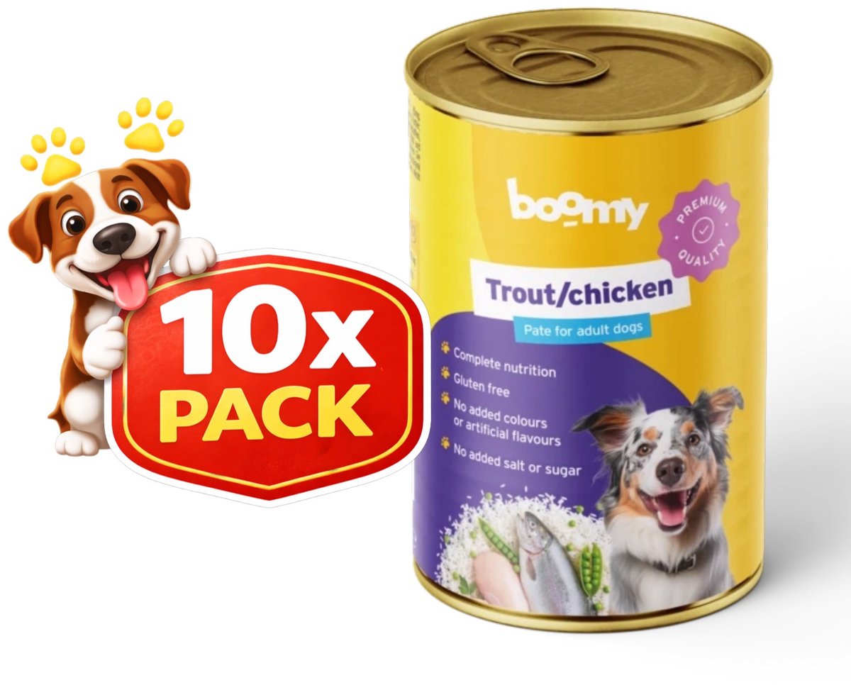 Boomy Boomy - Hondenvoer - Natvoer hond - Blikvoer hond - Glutenvrij - Forel met kip smaak - Adult - 10 x 400g
