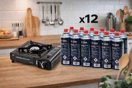 Draagbare Gasbrander Camping en Noodpakket met Externe Gasaansluiting – Portable Gas Stove – Inclusief 12 x Butaan Gasbusjes – Kooktoestel voor Camping, Outdoor, Festival en Noodgebruik – Compact en Veilig