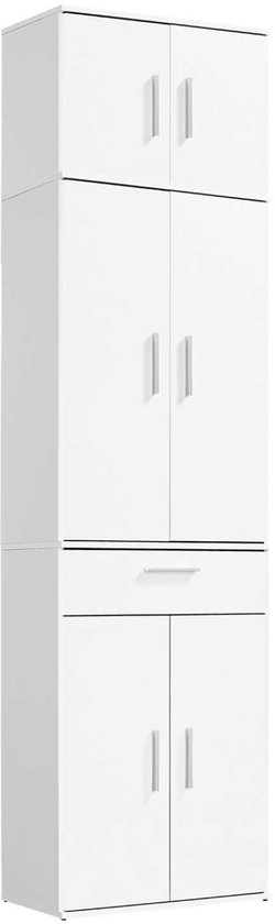 Witte hoge kast met 8 deuren en 1 lade.