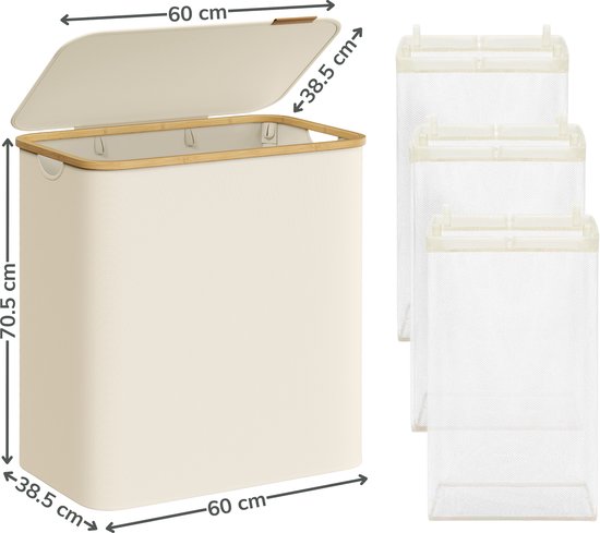 ACAZA Panier à Linge - Trieur de Linge - Panier à Linge avec Couvercle - Panier à Linge 3 Compartiments - Bamboe - 150L - Wit