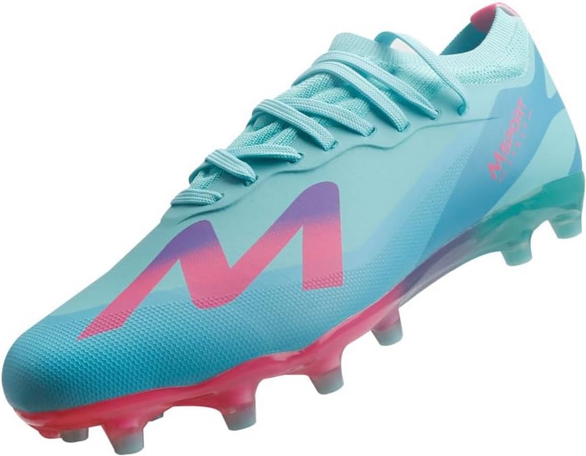 Stijlvolle, duurzame voetbalschoenen voor kinderen met noppen, in blauw met roze details voor optimale grip.