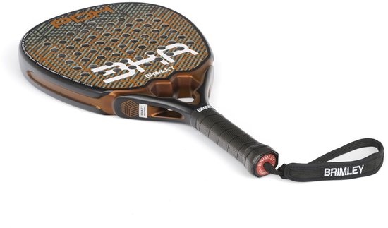 Druppelvormige padelracket, zwart met groen en oranje ruitpatroon. "BHR" logo in het wit.