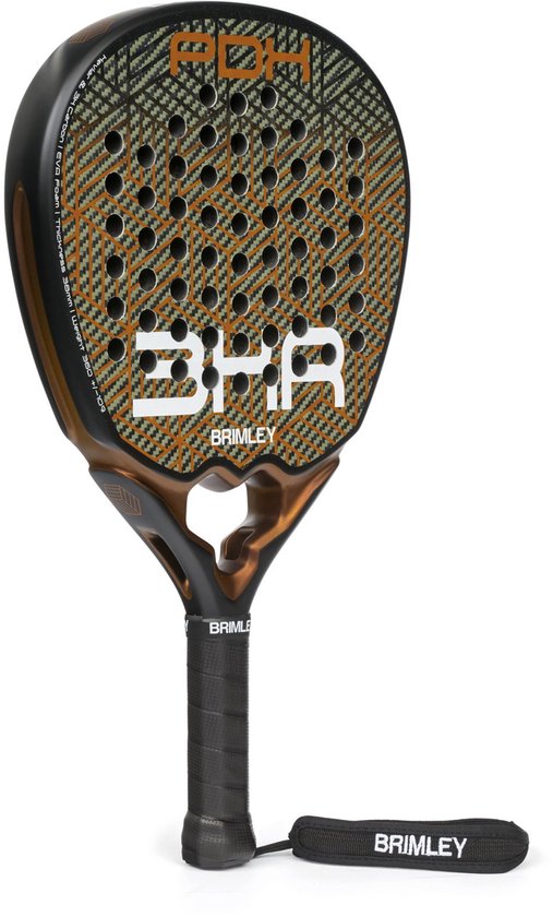 Druppelvormige padelracket met zwart, groen en oranje ruitpatroon. "BHR" logo in het wit.