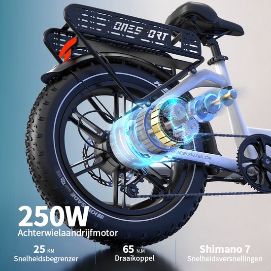 OneSport - Elektrische Fiets met 864Wh Uitneembare Accu - Max.100 km Bereik - 20×4 Inch Banden - Shimano 7 Versnellingen & Hydraulische Schijfremmen - Aluminium Frame - Wit van ONESPORT — afbeelding 3