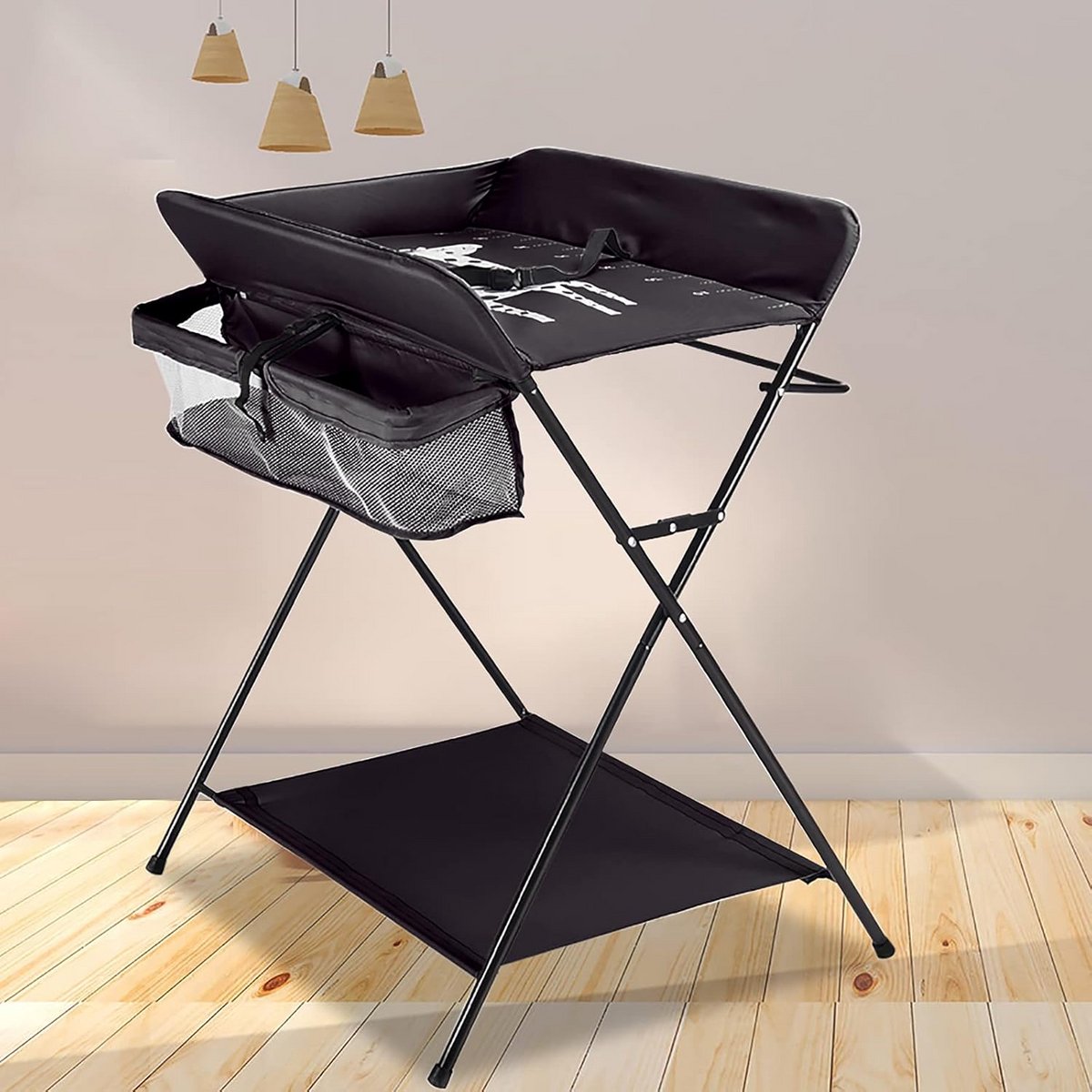Inklapbare Luiertafel met Wielen, in Hoogte Verstelbaar, Ruimtebesparend en Stabiel, met Veiligheidsgordel, 80 x 63 x 96 cm, Zwart