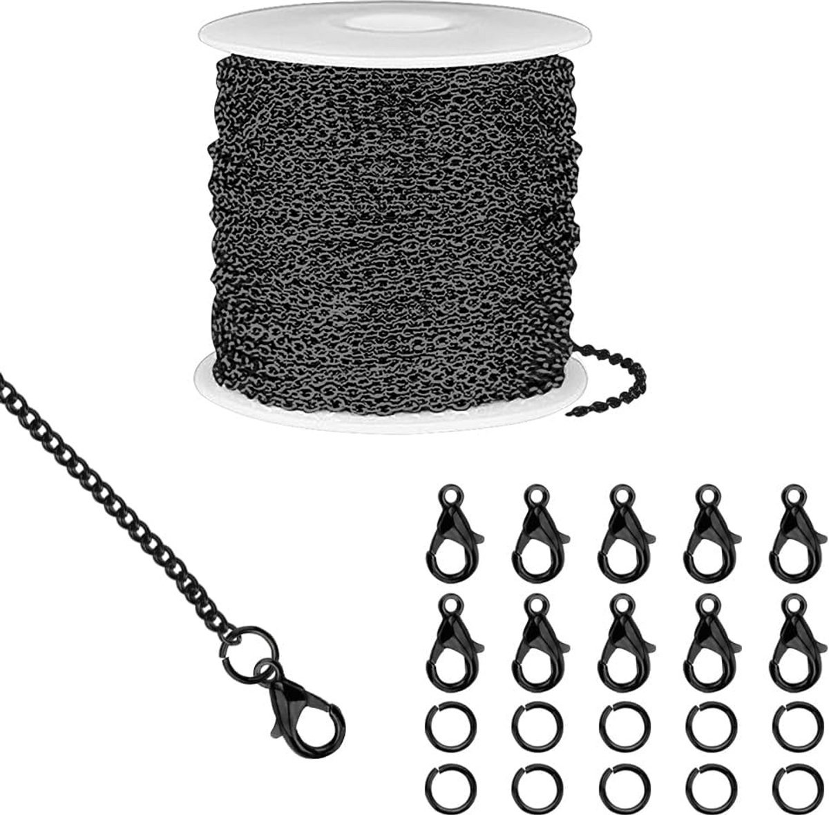 10 m zwarte kabelketting met bijbehorende sluitingen en splitringen, DIY sieraden maken