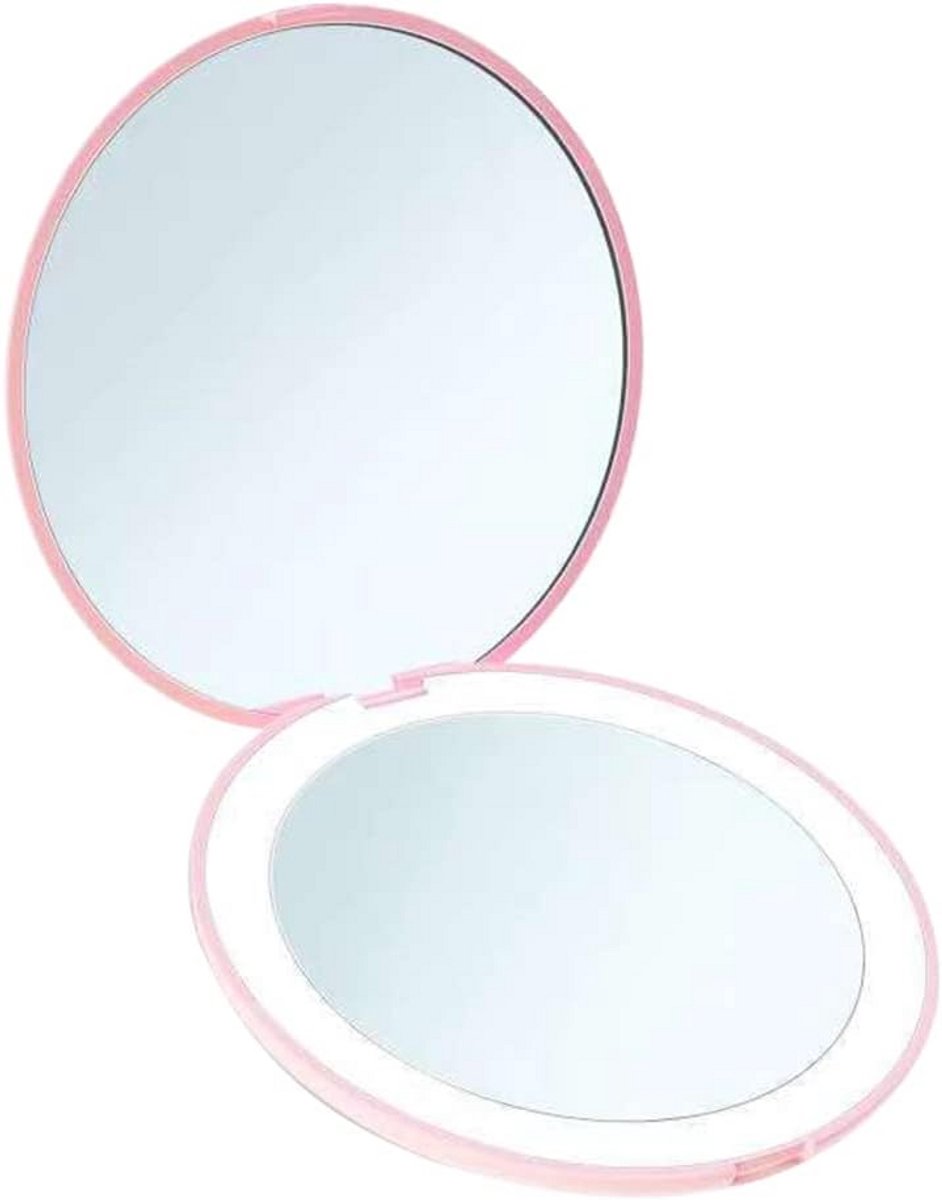 Compacte LED Verlichte Make-up Spiegel, Rond en Opvouwbaar Zakformaat