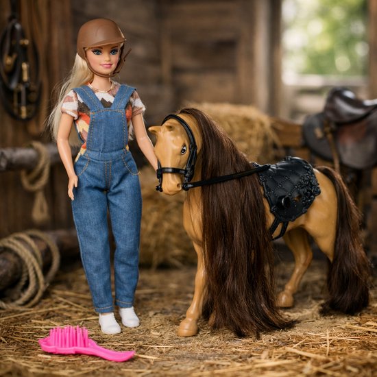 Eddy Toys Doll & Horse - Modepop met Bruin Paard - 4-delige Speelset - Inclusief Cap, Haarborstel en Zadel - Speelgoedpop 29 cm - Blond Haar - Kunststof - Vanaf 3 Jaar - Geschikt voor Meisjes — afbeelding 4