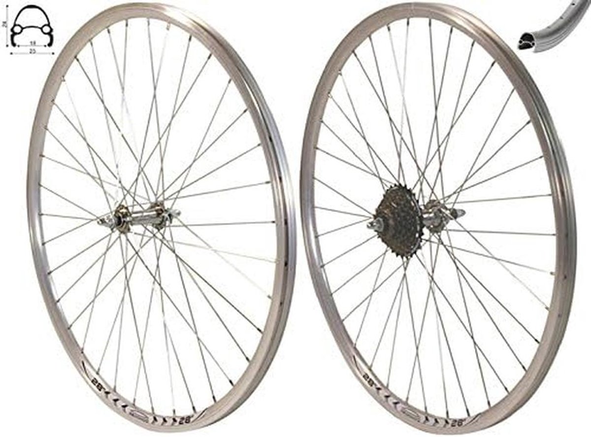 28 Inch Wielset Zilver V-Profiel Velg Inclusief 7-Voudige Schroefkrans