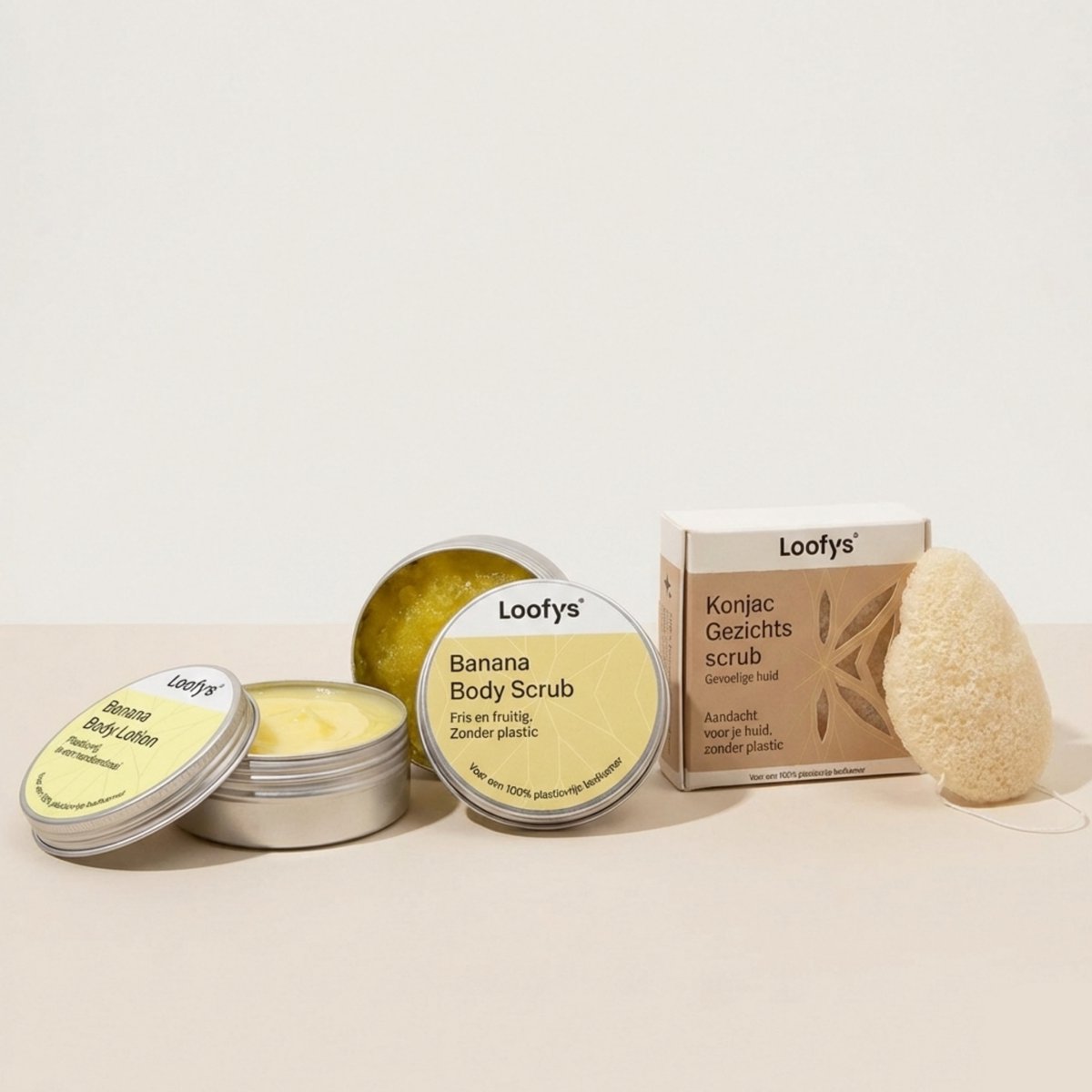 Alles-in-1 Lichaamsverzorging Cadeauset – Bodylotion 150ml + Bodyscrub 150ml + Konjac Spons - banana