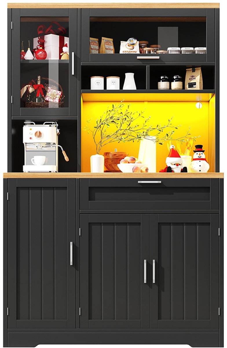 Hoge keukenkast - 120 x 40 x 180 cm - met acryldeuren LED's - MDF metaal - zwart