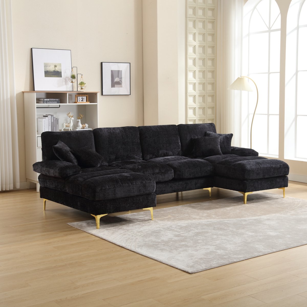 MIVRAY U-Bank Met Dubbele Chaise Longue En Ergonomische Zonering – Voor Woonkamer En Kantoor – Chenille Zwart