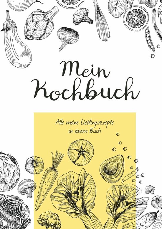 Kookboek met de titel 'Mein Kochbuch'. Illustraties van groenten zoals aubergine, artisjok, tomaat, wortel en kool.