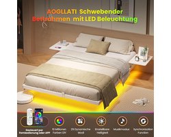 Schwebendes Metallbett 140x200 cm mit LED Beleuchtung, USB & Typ-C Ladestation, Aufbewahrungsregale, Lattenrost Inklusive – Modernes Doppelbett für Schlafzimmer – Pauwhome