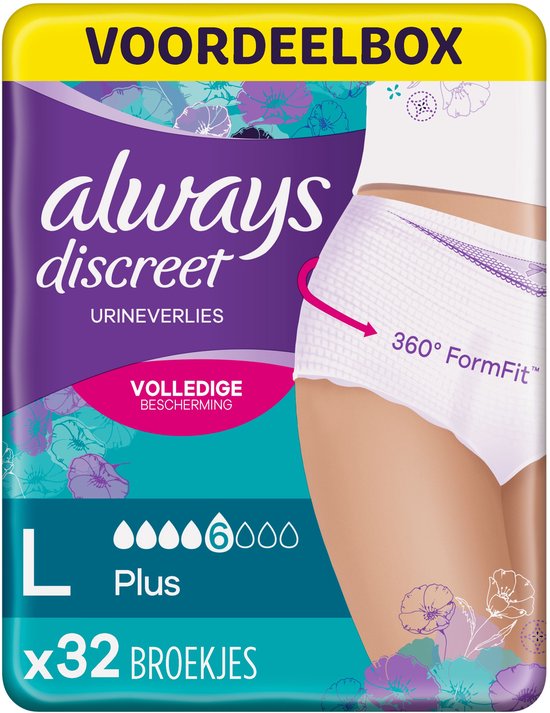 Always Discreet, Voordeelbox, maat L, 32 broekjes, met bloemenprint en afbeelding van een vrouw.