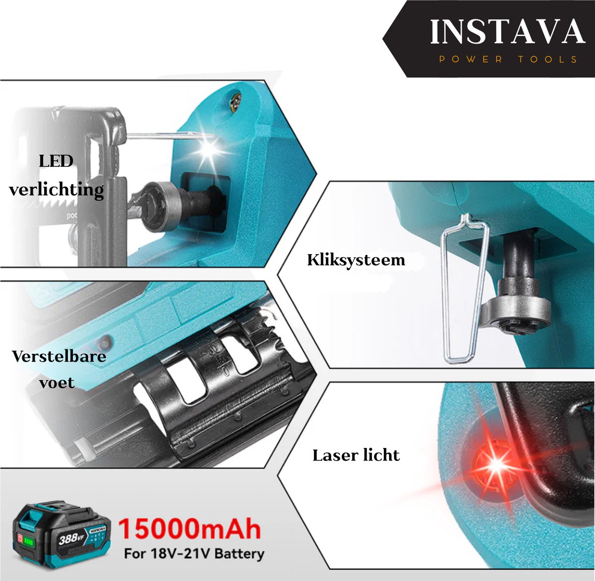 Instava® Decoupeerzaag Accu 18V – Incl. 2 Accu’s – Met Laser & LED – Decoupeerzaag Set – Geschikt voor Makita LXT – Incl. Zaagbladen – Draadloos – foto 2