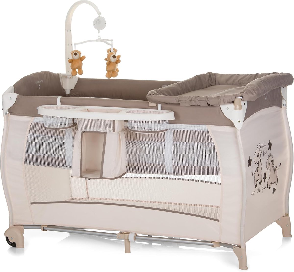 Campingbedje Babycenter Zoo 120x60cm - Met Verschoontafel, Opbergvakken & Muziekmobiel - In 2 hoogtes verstelbaar - 0-3 jaar - Beige Bruin