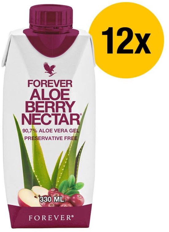 Forever Aloe Berry Nectar 12x 330 ml. Een kartonnen pakje met aloë vera, bosvruchten en stukjes appel. 90,7% aloë vera gel, conserveermiddelvrij.