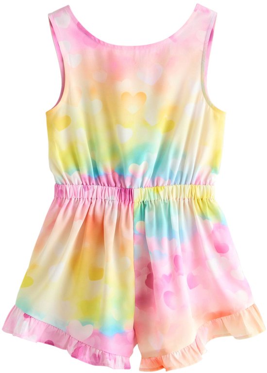 Veelkleurig playsuit met hartjesprint, open rug met strik en ruches, op witte achtergrond.