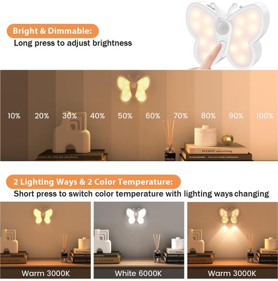 Namajunas - Nachtlampje volwassenen en kinderen - Dimbare Vlinder LED-nachtlampje - Slimme bewegingssensor nachtlamp met spotfunctie en 2 kleurtemperaturen - Magnetische oplaadbare nachtlampje voor slaapkamer, wand - 2 stuks van Merkloos — afbeelding 2