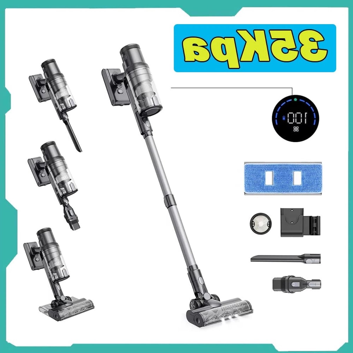 Dweilen Snoerloze Stofzuiger - Snoerloze Stofzuiger - Stofzuiger - Stofzuiger draadloos - 5-traps Filtratiesysteem - 400W Borstelloze Motor - 0.65L Stofbak - 35Kpa Zuigkracht - 2000mAh Batterij
