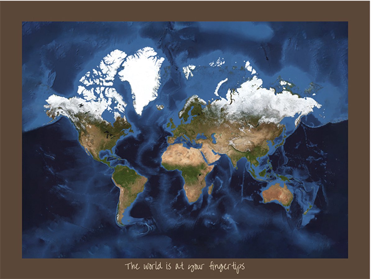 Wereldkaart 40x30 cm - Aluminium - Voelbaar 3D Reliëf - Bruin - World map - World at your Fingertips - Vintage - Retro - Muurdecoratie - Wanddecoratie