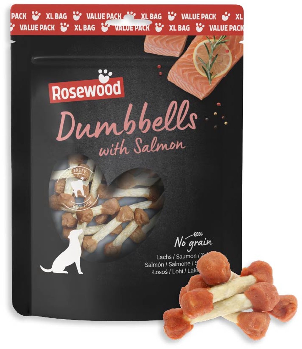 Rosewood Dumbbells Hondensnack Zalm – Kauwbotjes van Runderhuid – Voordeelverpakking 400 g – Graanvrij – Zonder Kunstmatige Toevoegingen