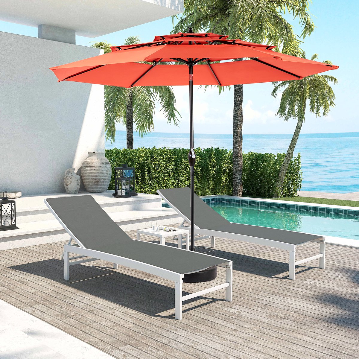 Dubbele Parasol ROLIPO - Rechthoekige Tuinparasol met Handslinger - Grote Stokparasol - UV-werend en Waterafstotend - Stalen Frame met 12 Baleinen - Oranje - Voor Terras, Tuin en Zwembad - Zonder Voet - 450x270 cm