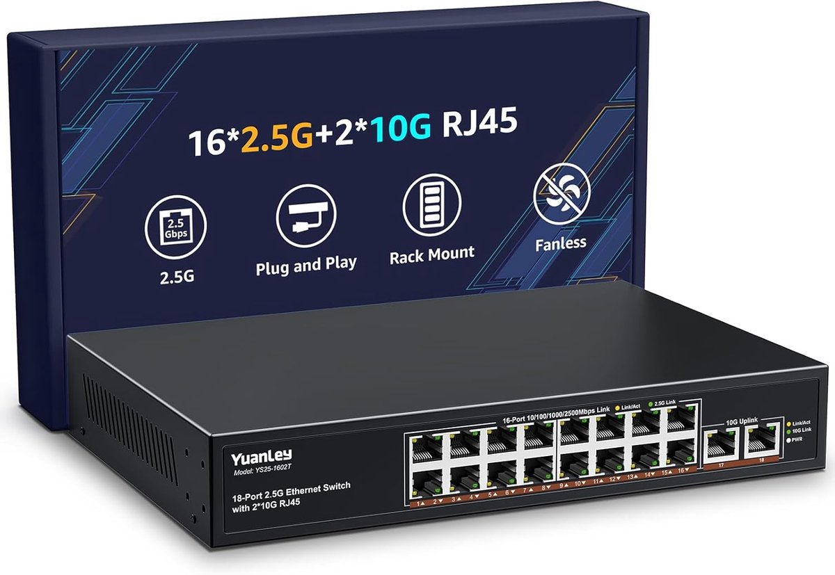 Netwerk Switch - Ethernet Hub - Snelle Dataoverdracht - 18 Poorten 2.5G - Desktop Rekmontage - Zwart