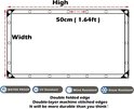 Diagram van een transparant zeil met afmetingen 50cm (1.64ft) breed, waterdicht, UV- en windbestendig, met dubbel gestikte rand.