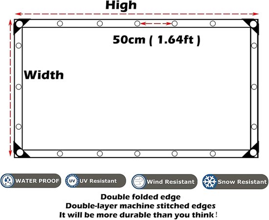 Diagram van een transparant zeil met afmetingen 50cm (1.64ft) breed, waterdicht, UV- en windbestendig, met dubbel gestikte rand.
