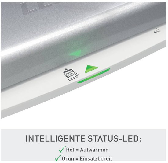 Close-up van de Leitz lamineermachine met LED-indicatoren: rood voor opwarmen, groen voor gereed.