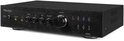 Zwarte hifi-versterker met aan de voorkant draaiknoppen voor Treble, Mid, Bass, Balance en Volume. Ook knoppen voor IR, AUX, LINE en DVD.