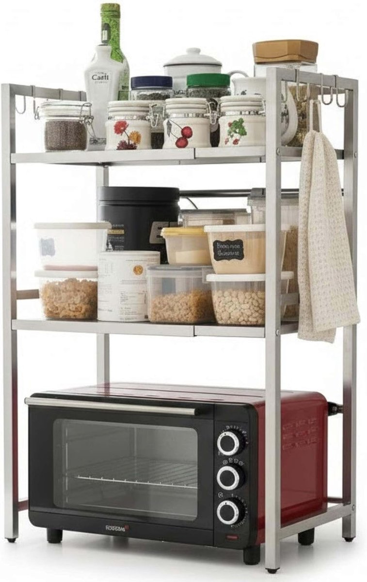 Keukenrek Staand - Werkbladrek 3 niveaus - Magnetron Plaatsen - Breedte Verstelbaar - 40-64 cm Breed - Zilver