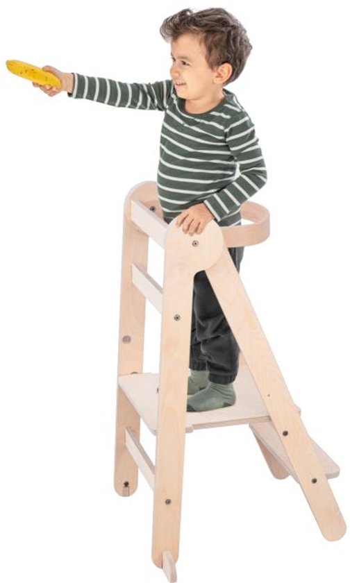 MamaToyz Montessori Leertoren Opvouwbaar – Houten Learning Tower – In Hoogte Verstelbaar – Veilig & Compact – Naturel