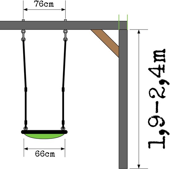 Afmetingen van een schommel, met breedtes van 66cm en 76cm, en hoogte van 1,9-2,4m.