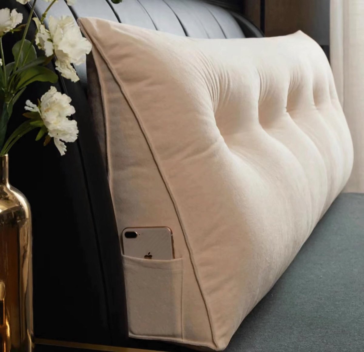 Driehoekig Hoofdkussen - Wigkussen Bed - Lezen TV Kijken - Afneembare Hoes - 80x50x20cm - Beige