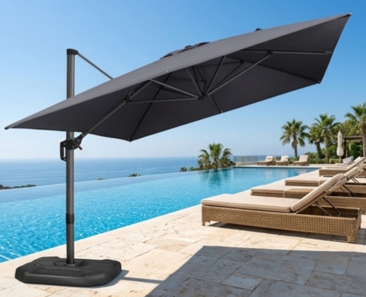 Zweefparasol 400x300 cm met Parasolvoet – Aluminium Tuinparasol 360° Draaibaar met Zwengel – UV-Bestendig & Waterafstotend – Grote Rechthoekige Terrasparasol Grijs – NoviHome