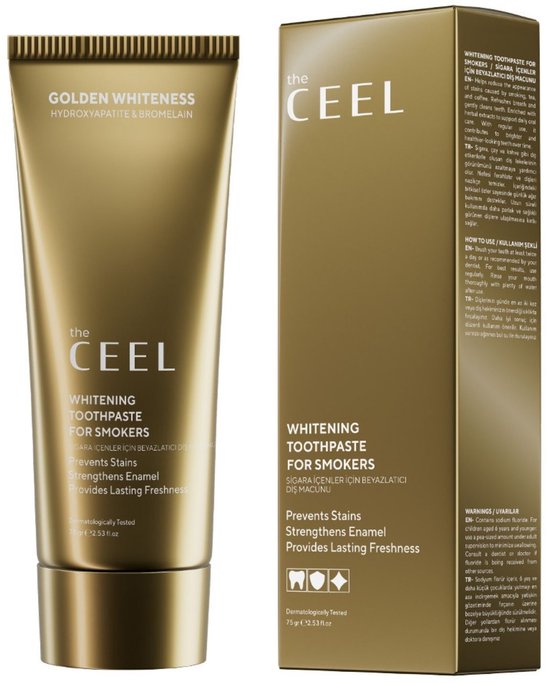Gouden tandpastatube en doos "the CEEL WHITENING TOOTHPASTE FOR SMOKERS".