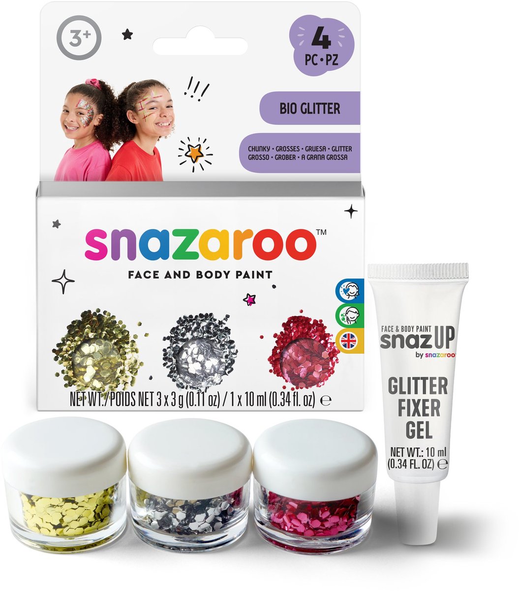 Snazaroo 1172244 Bio Glitter Set Chunky – Glitter voor Gezicht, Lichaam & Haar – 3 Kleuren + Fixeergel – Festival Glitter, Huidvriendelijk & Afwasbaar