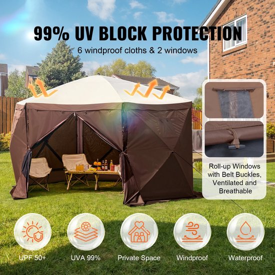 Linkforu - Pop-up Tent - Camping - Tuin - 6 Hoekige Luifel - Zonnescherm met 6 Verwijderbare Winddoeken en Mesh-ramen - Zon en Waterbestendig - 6 Persoons van Merkloos — afbeelding 2