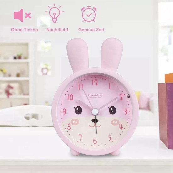 Kinderwekker Konijn - Stille Analoge Klok - Slaapkamer Educatie - Geruisloos Lichtfunctie - 11x10x9 cm - Roze — afbeelding 5