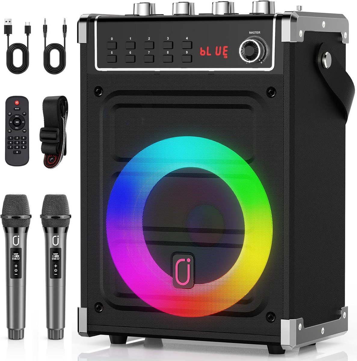 Karaokemachine met 2 Draadloze Microfoons - Bluetooth Speaker met LED Verlichting - Karaoke Set voor Volwassenen & Kinderen - UHF Microfoons - TWS - AUX - FM - Draagbare Party Speaker met Bas & Treble - Opnamefunctie - Zwart - Feestset