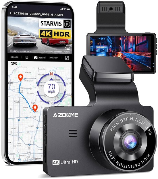 AZDome 4K dashcam naast smartphone met GPS-kaart en video-opname.