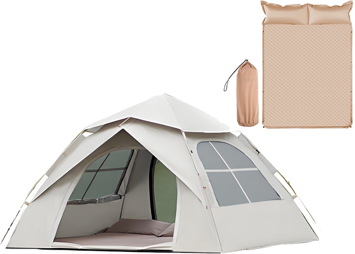 Automatische Pop-up Tent met Slaapmat - Vierhoekige Kampeertent voor 2-3 Personen - Waterdicht met Vaste Zonnekap - Inclusief Draagtas - Ideaal voor Gezinscamping en Festivals - Met Verzilverde UV-Block Coating - Snelle 3-Seconden Opzet - Wit