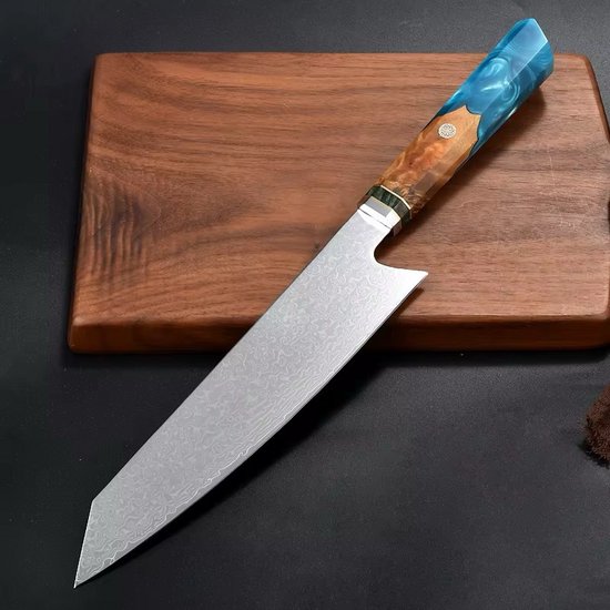 Couteau de chef japonais professionnel Kiritsuke Kaamut® - 20 cm - Acier Damas 67 couches, tranchant comme un rasoir et durable - Manche en époxy bleu saphir et chêne - Coffret cadeau de Luxe