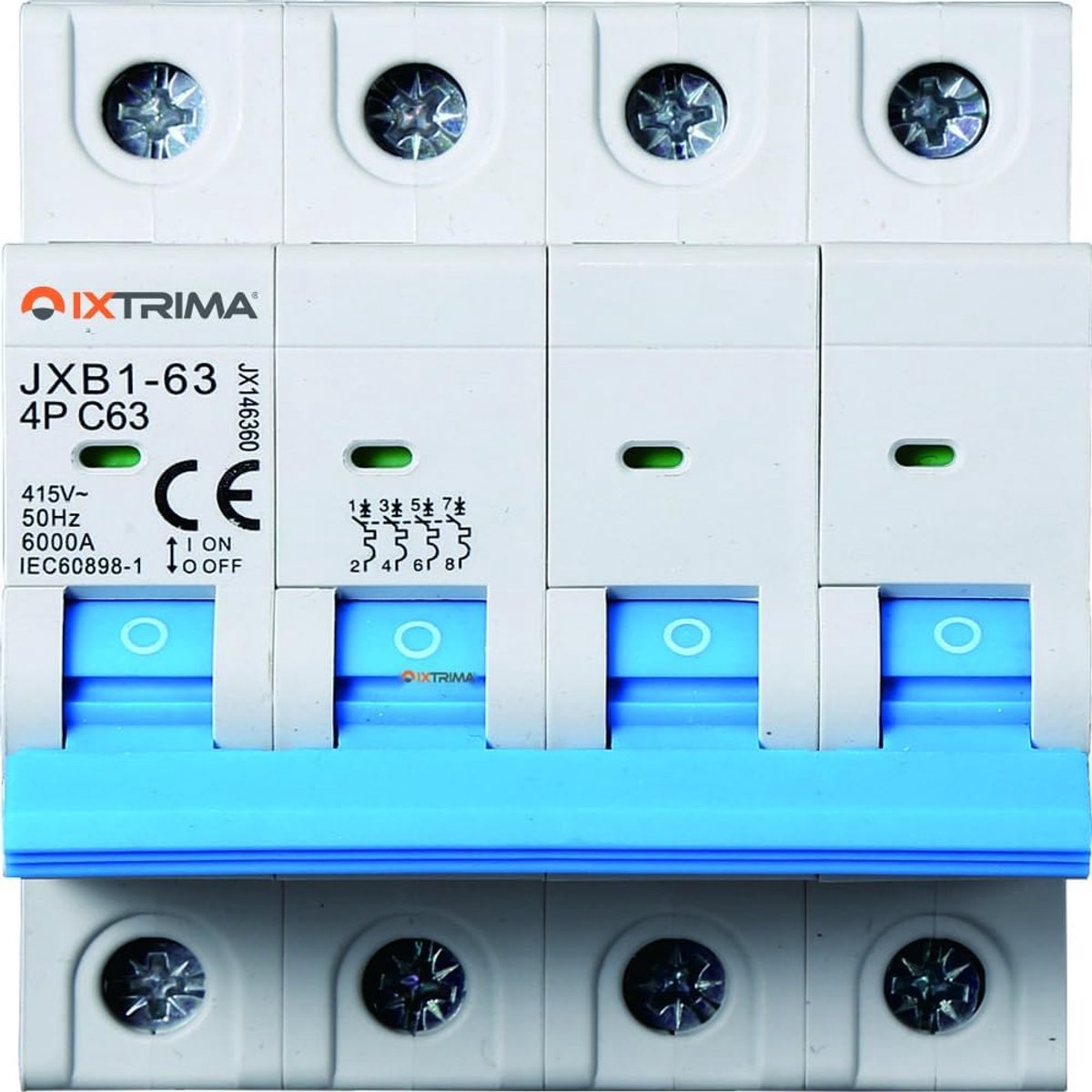 Automatische stroomonderbreker - Zekering automaat - Elektrische beveiliging - Vierpolig magnetothermisch - C63 6kA - Grijs
